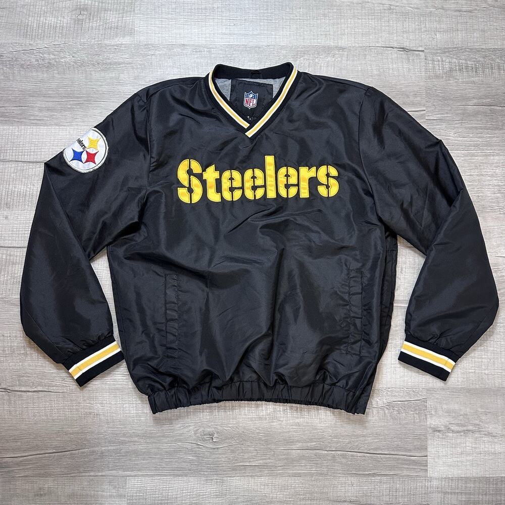 NFL Pittsburgh Steelers Black Pullover Windbreaker Mens Medium EUC Cotton Lined